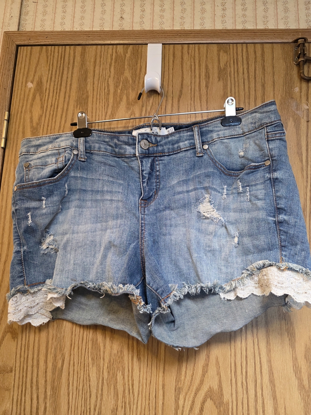 torrid Light Blue Distressed Lace-Trim Denim Shorts